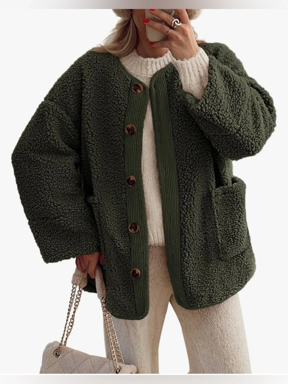 NWT-Large fleece oversized Cozy Olive Sherpa Jacket - Women's Button-Front Coat
